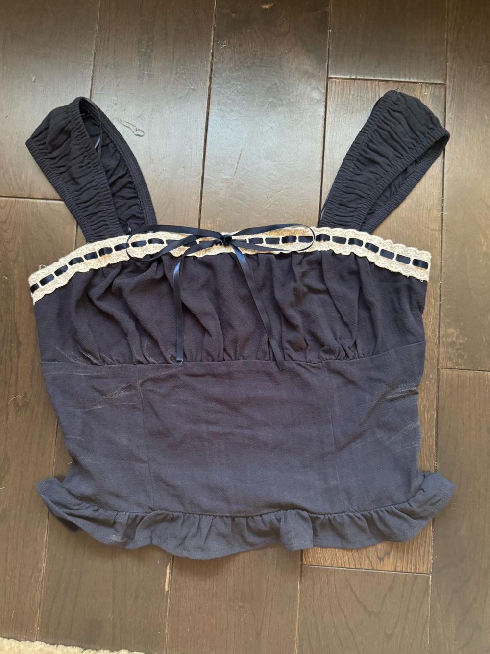 Sienna Sky Navy Crop Top with Cream Lace Trim